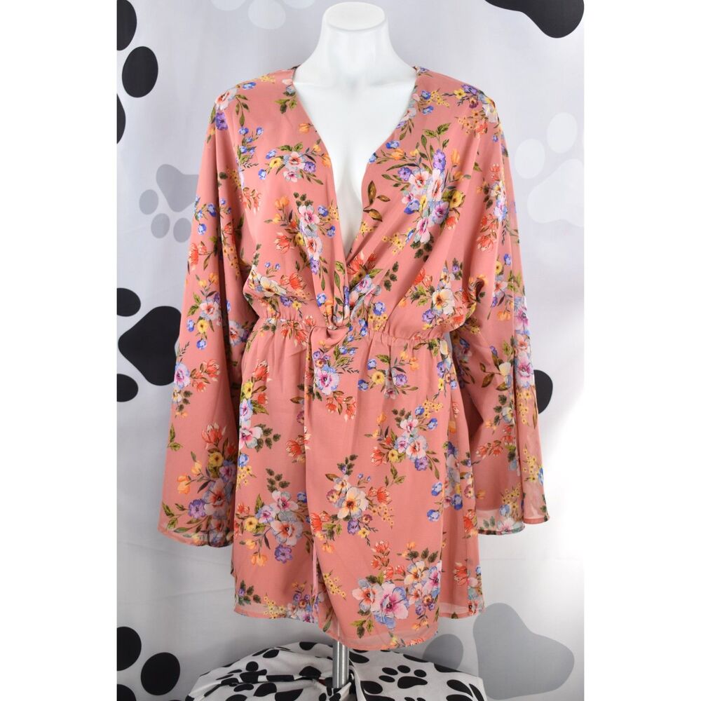 House of Harlow 1960 X Revolve Floral Long Sleeve V Neck Mini Dress Peach L